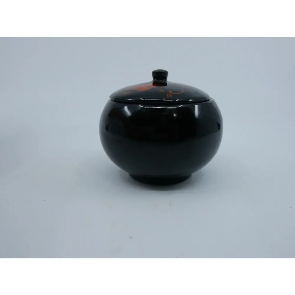 Round Lidded Lacquer Trinket Box Fancy Goldfish Hand Painted Designs Black Gloss